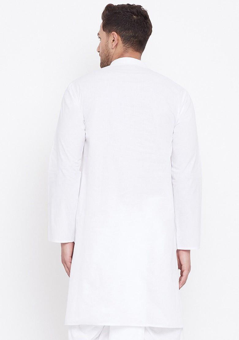 White Solid Cotton Kurta For Men