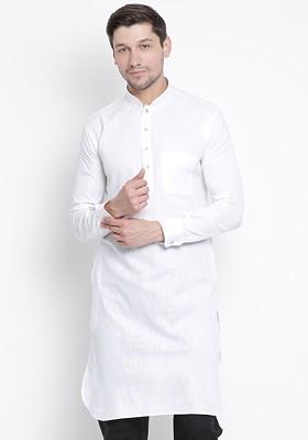 White Solid Pathani Kurta For Men