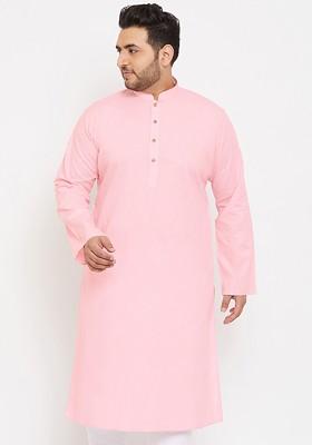 Pink Solid Poly Blend Kurta For Men
