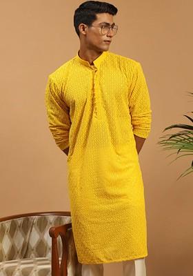 Yellow Ethnic Motifs Georgette Kurta For Men