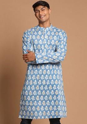 Blue Printed Poly Blend Kurta For Men