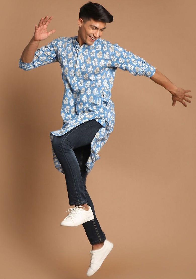Blue Printed Poly Blend Kurta For Men
