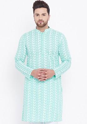 Sea Green Embroidered Cotton Kurta For Men