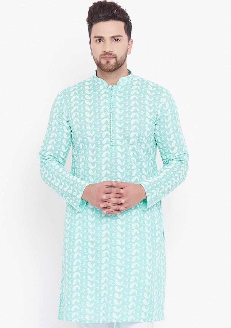 Sea Green Embroidered Cotton Kurta For Men