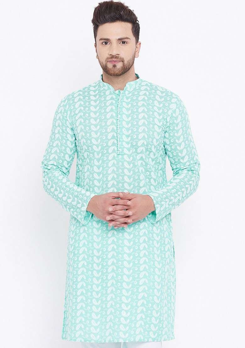 Sea Green Embroidered Cotton Kurta For Men - Indya