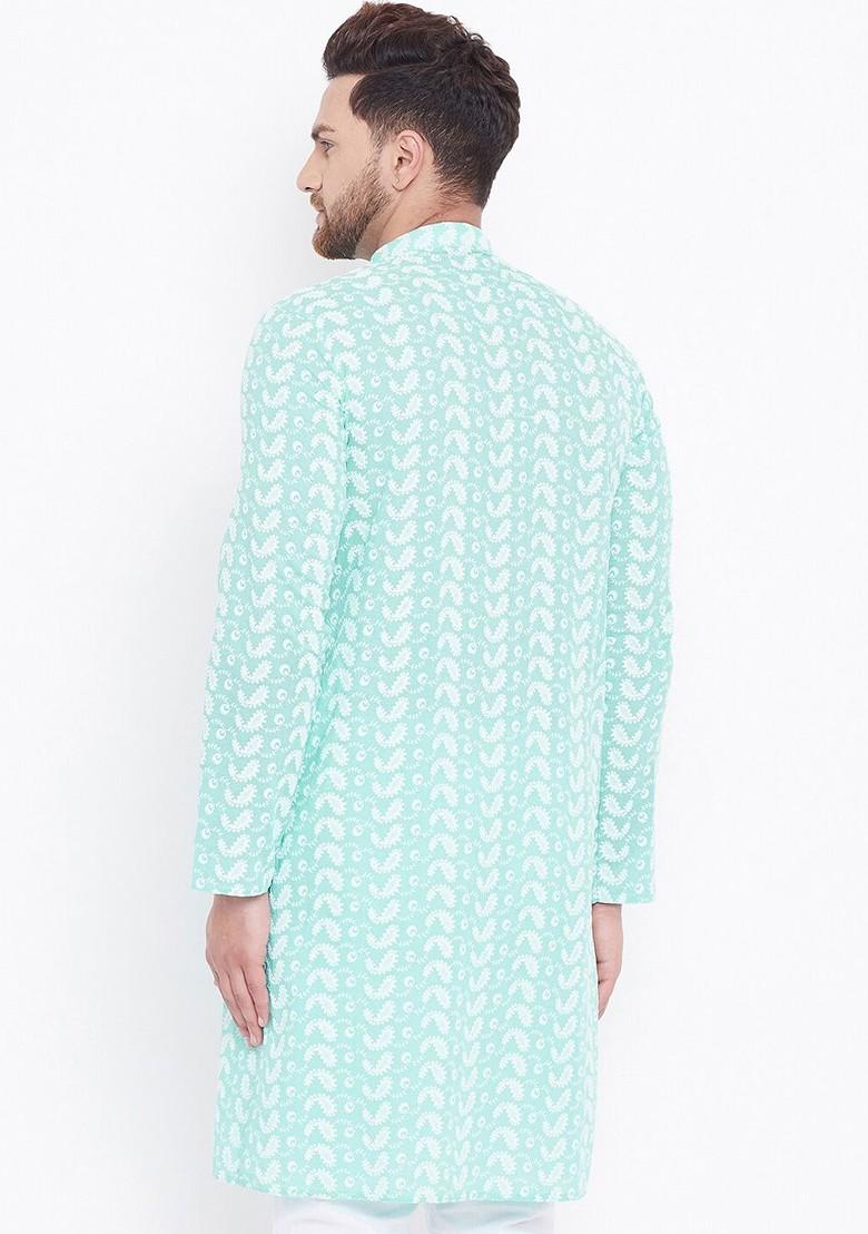 Sea Green Embroidered Cotton Kurta For Men