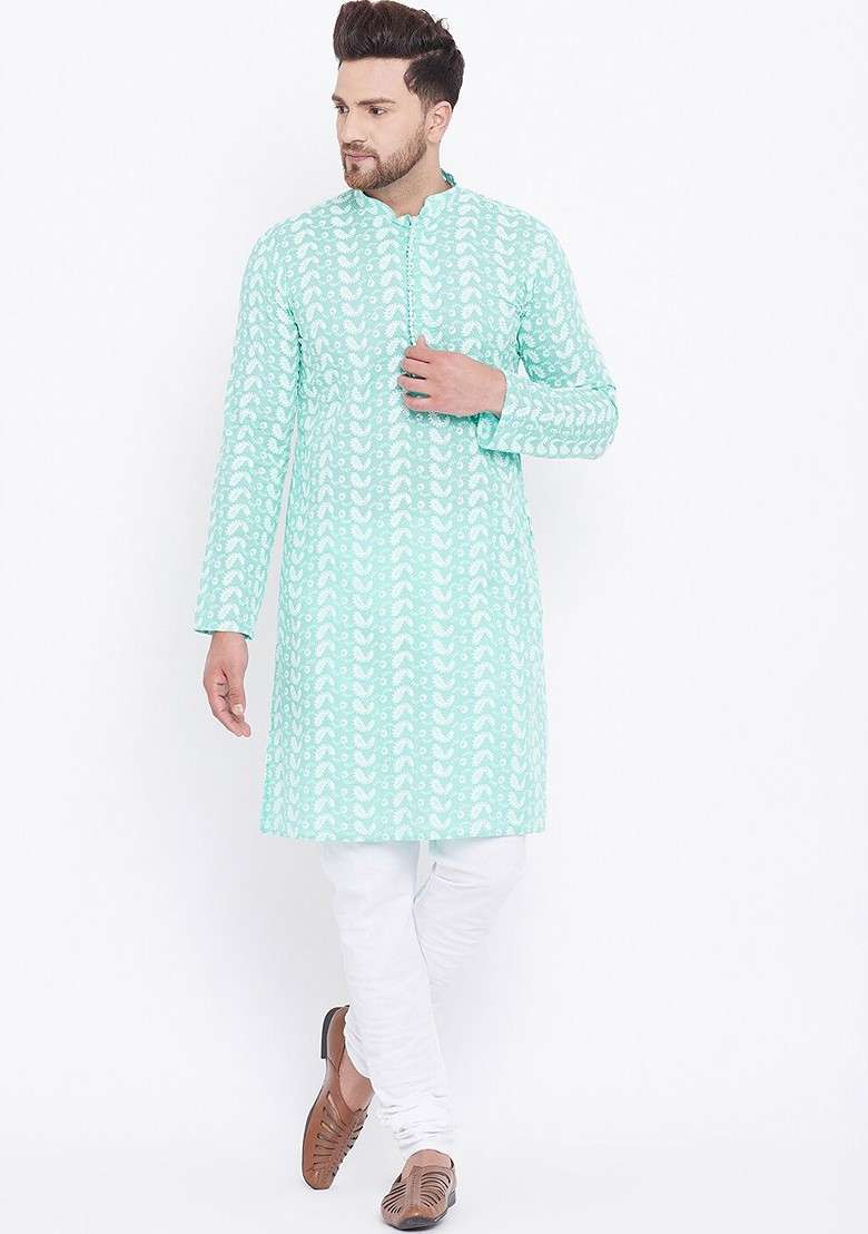 Sea Green Embroidered Cotton Kurta For Men - Indya