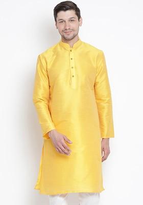 Yellow Solid Poly Blend Kurta For Men