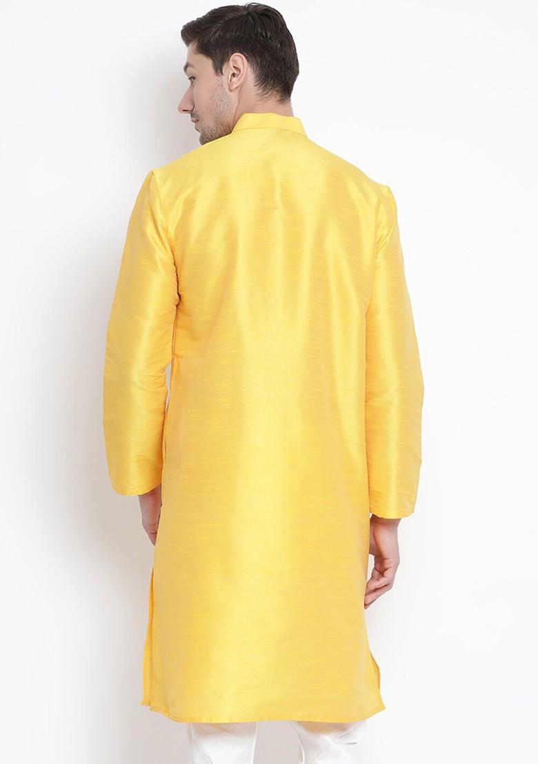 Yellow Solid Poly Blend Kurta For Men