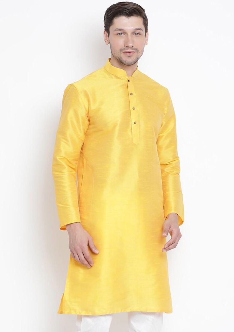 Yellow Solid Poly Blend Kurta For Men