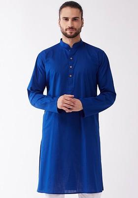 Navy Blue Solid Cotton Kurta For Men
