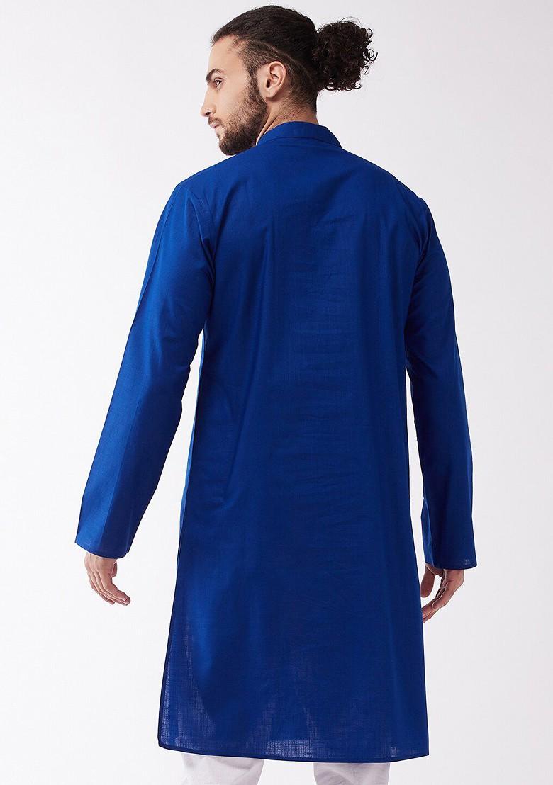Navy Blue Solid Cotton Kurta For Men