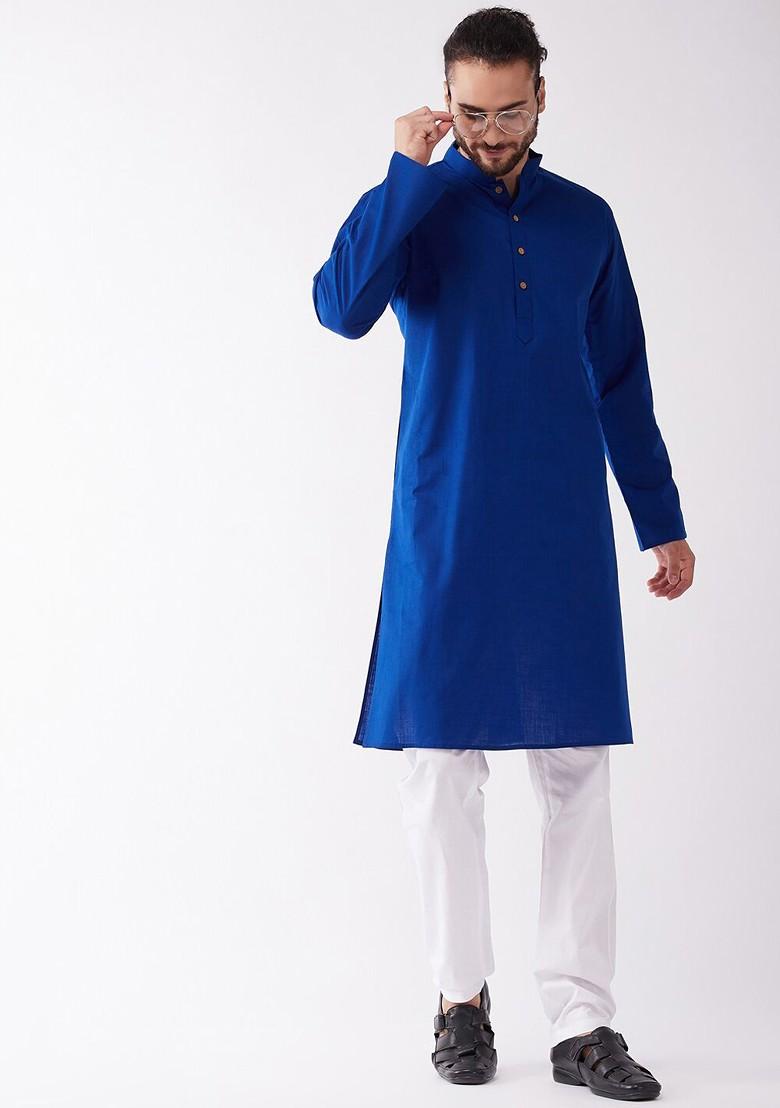 Navy Blue Solid Cotton Kurta For Men