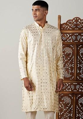 Gold Ethnic Motifs Poly Blend Kurta For Men