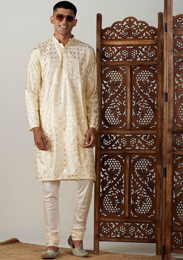 Gold Ethnic Motifs Poly Blend Kurta For Men