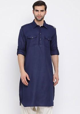 Blue Solid Pathani Kurta For Men