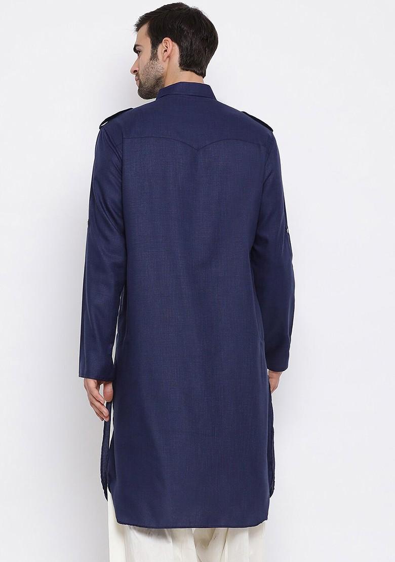 Blue Solid Pathani Kurta For Men