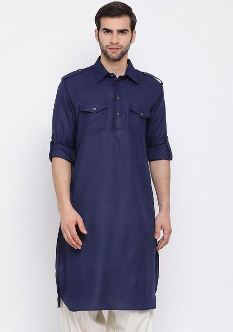 Blue Solid Pathani Kurta For Men — view on Indya