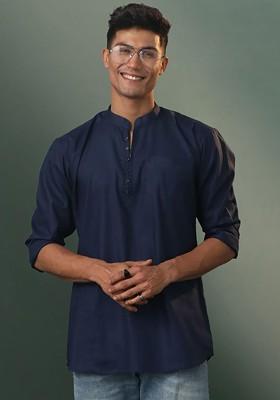 Navy Blue Solid Cotton Kurta For Men