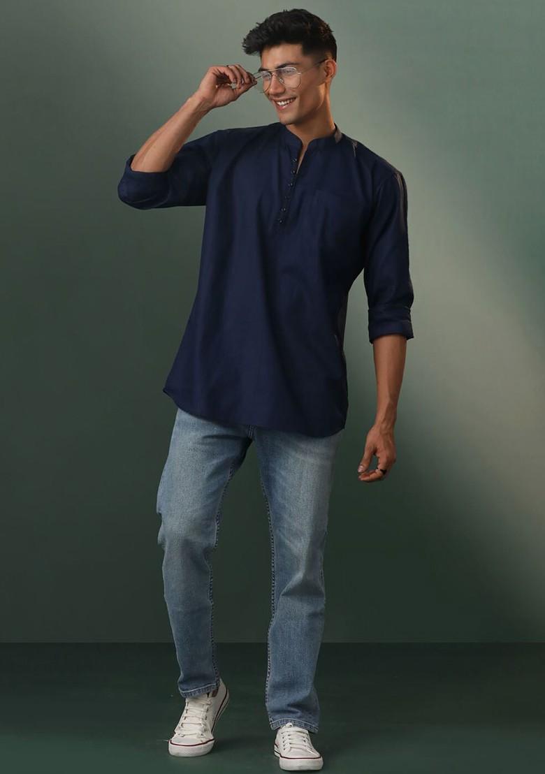Navy Blue Solid Cotton Kurta For Men