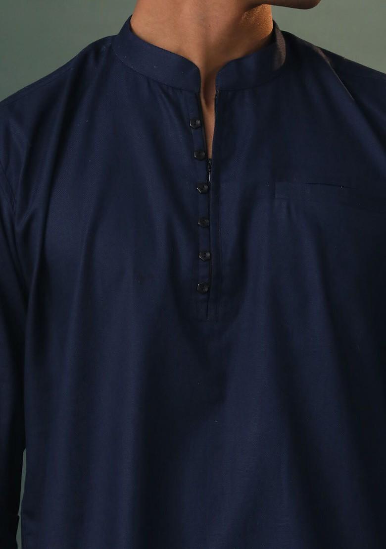 Navy Blue Solid Cotton Kurta For Men
