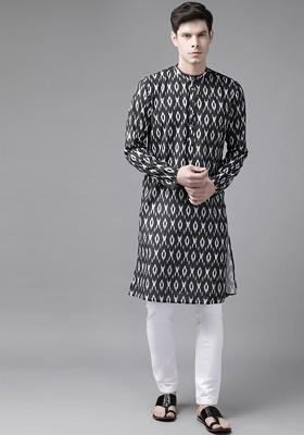 Black Ethnic Motifs Cotton Kurta For Men