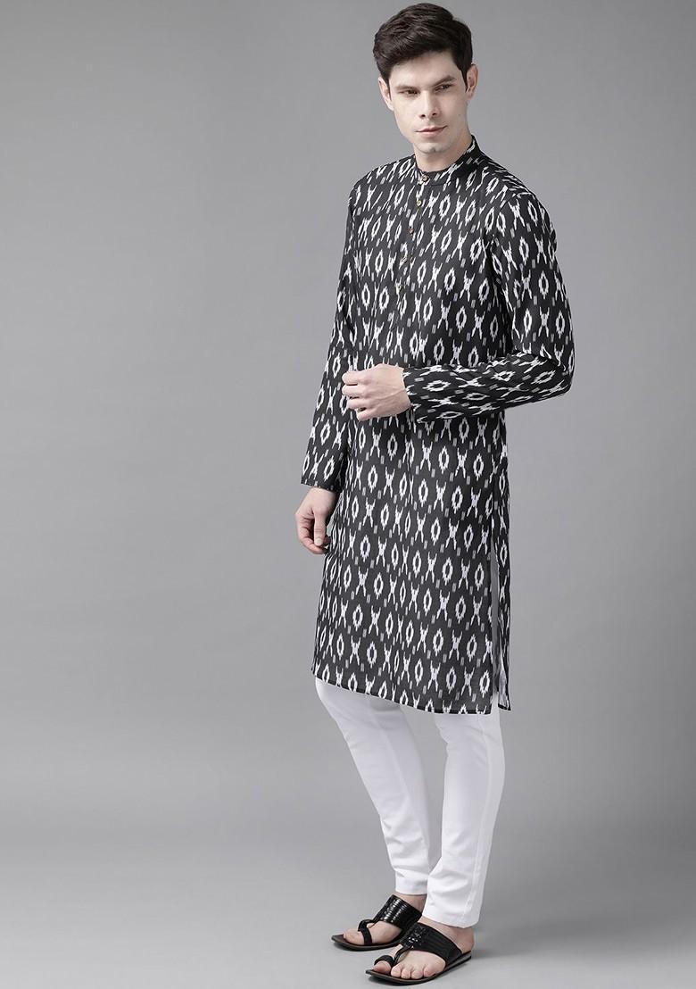 Black Ethnic Motifs Cotton Kurta For Men