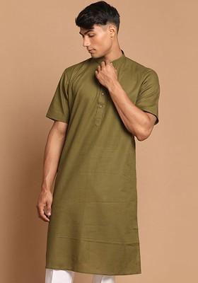 Olive Solid Cotton Kurta For Men