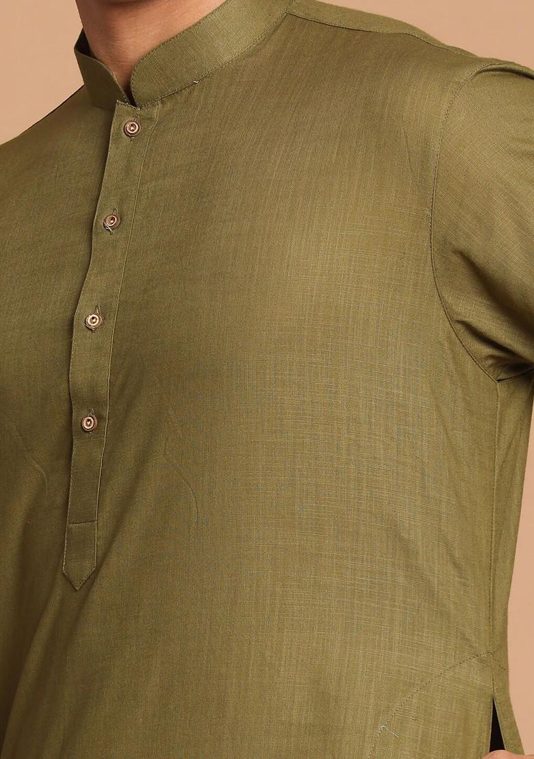 Olive Solid Cotton Kurta For Men