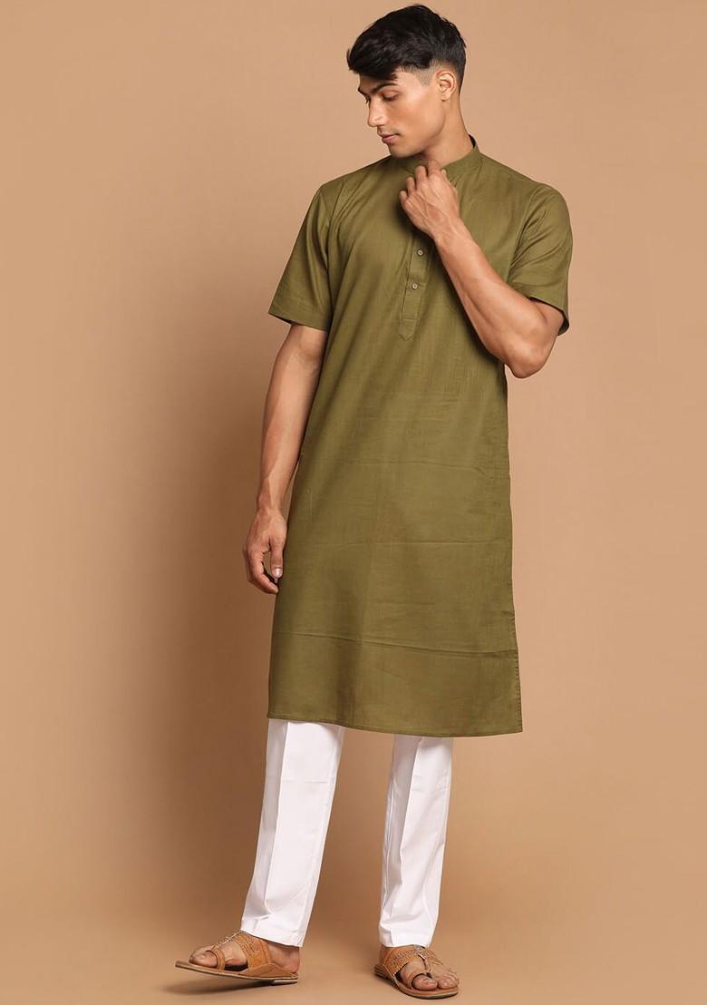 Olive Solid Cotton Kurta For Men