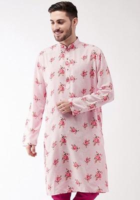 Pink Floral Print Poly Blend Kurta For Men