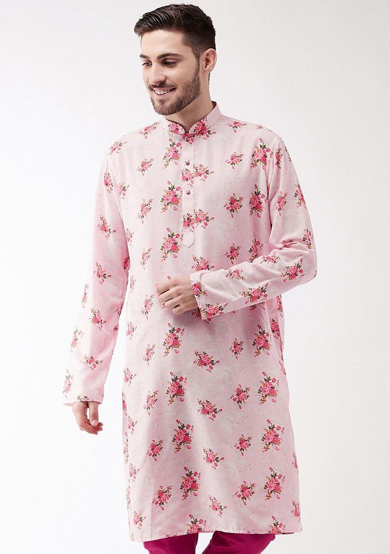 Pink Floral Print Poly Blend Kurta For Men