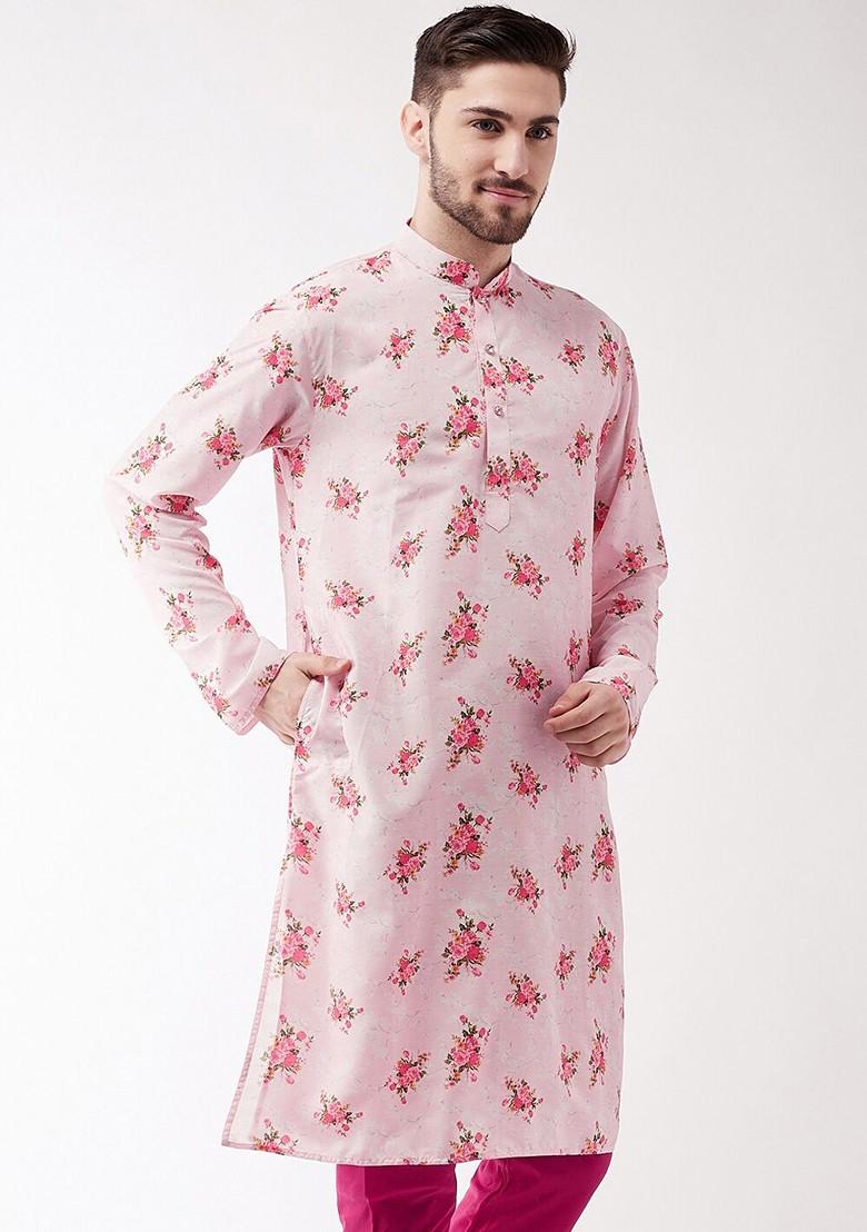 Pink Floral Print Poly Blend Kurta For Men