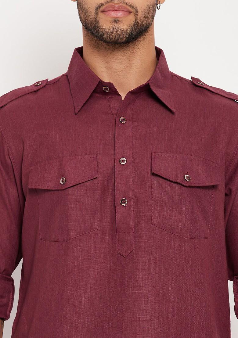 Burgundy Solid Pathani Kurta For Men
