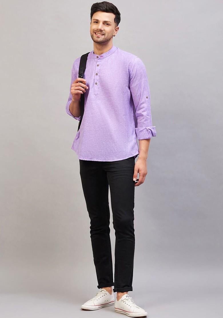 Purple Solid Cotton Kurta For Men