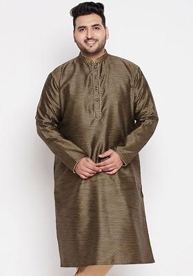 Brown Solid Silk Kurta For Men