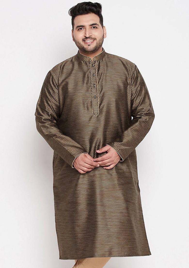 Brown Solid Silk Kurta For Men