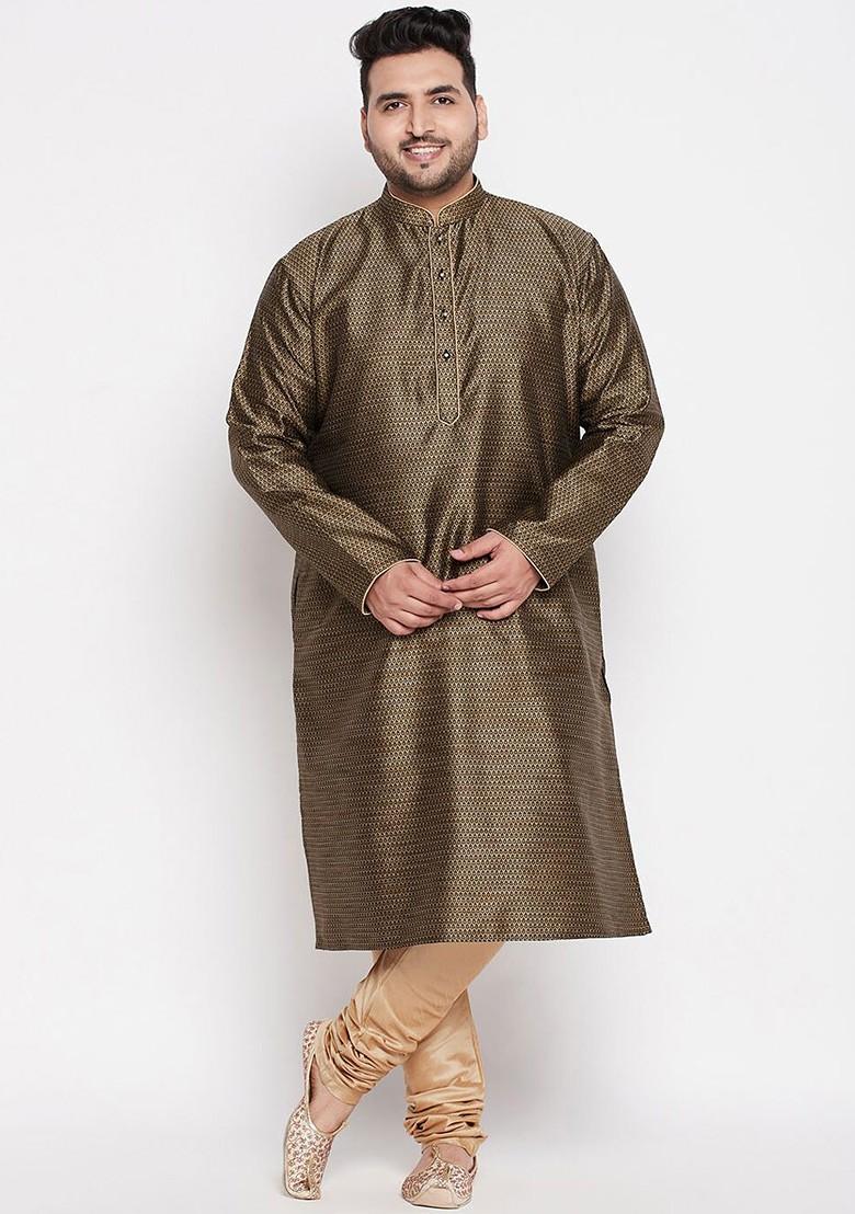 Brown Solid Silk Kurta For Men