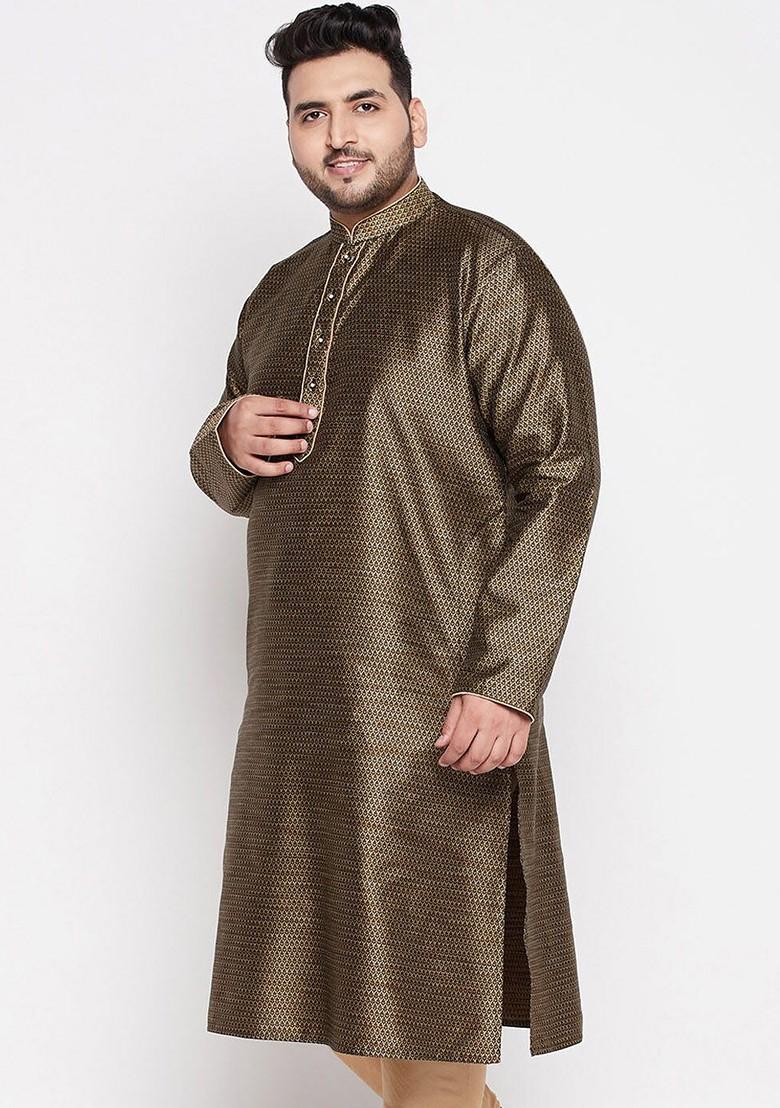 Brown Solid Silk Kurta For Men