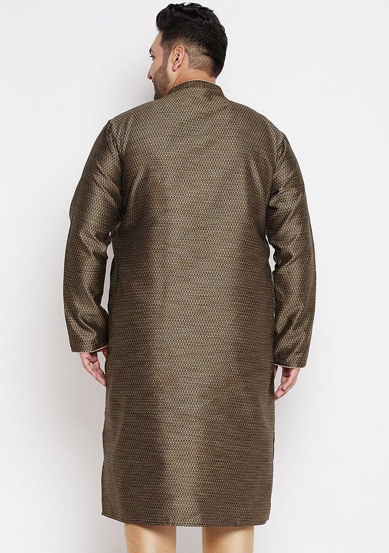 Brown Solid Silk Kurta For Men