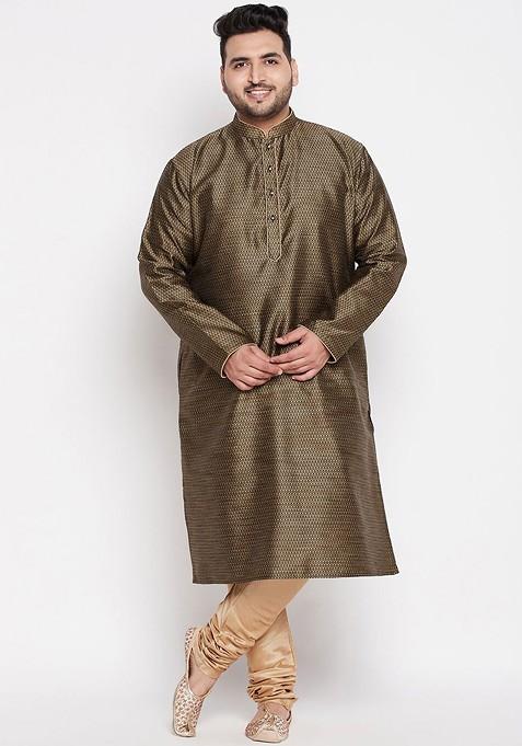 Brown Solid Silk Kurta For Men