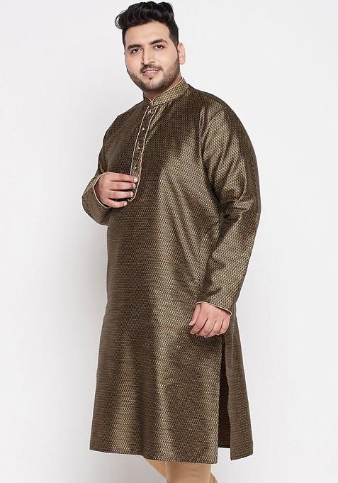 Brown Solid Silk Kurta For Men