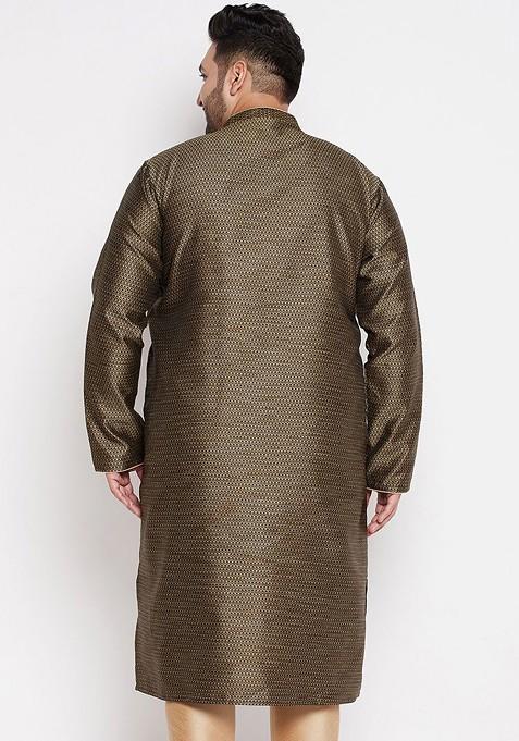 Brown Solid Silk Kurta For Men