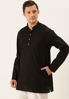 Black Solid Poly Blend Kurta For Men