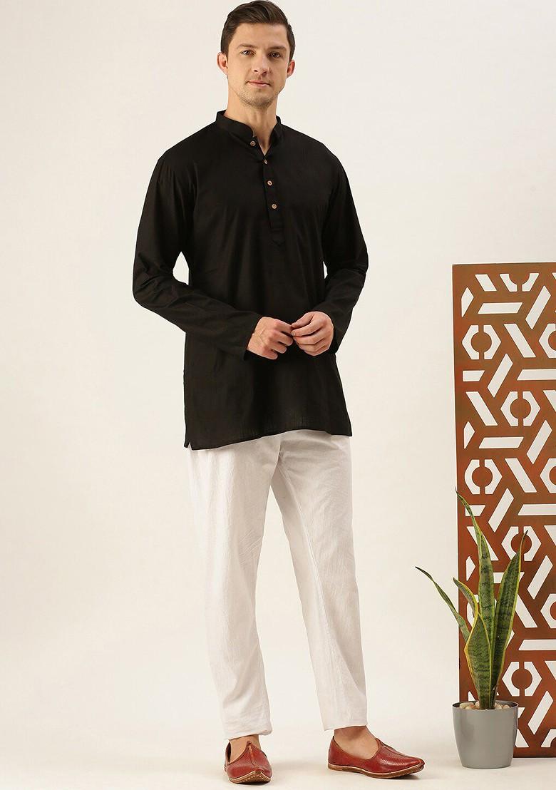 Black Solid Poly Blend Kurta For Men
