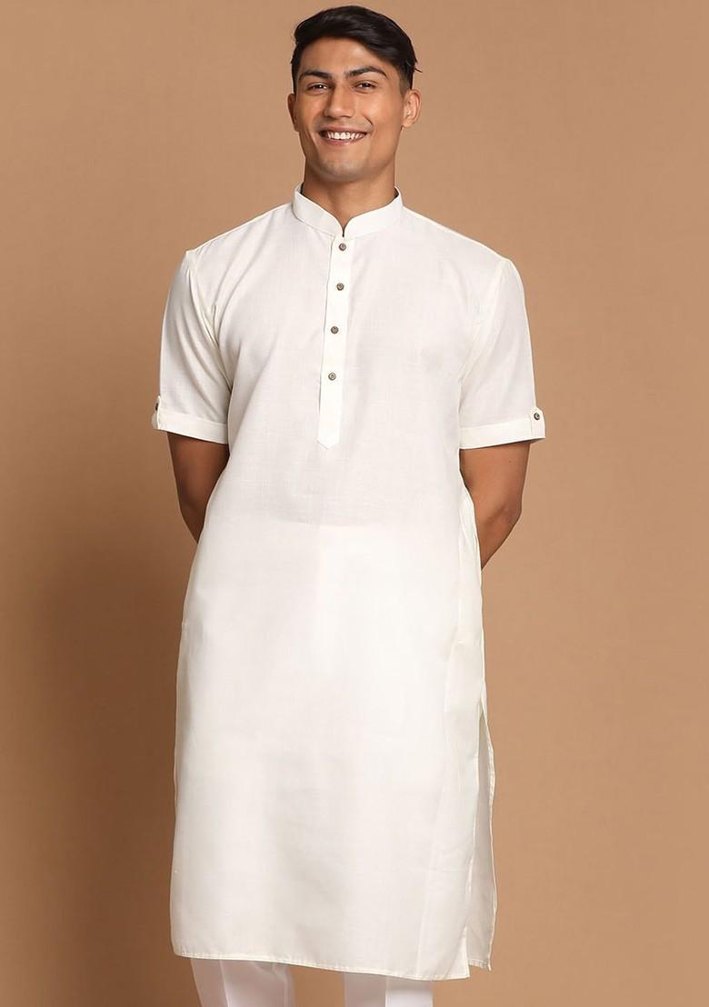 Cream Solid Cotton Kurta For Men