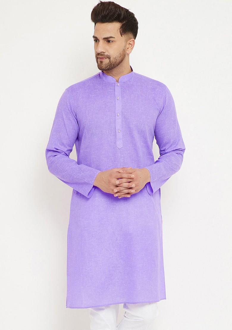 Purple Solid Poly Blend Kurta For Men