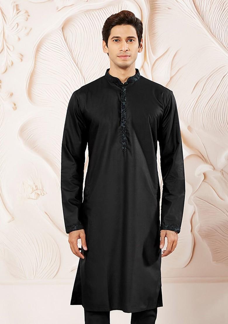 Black Thread Work Poly Blend Kurta For Men