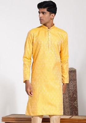 Yellow Solid Cotton Kurta For Men