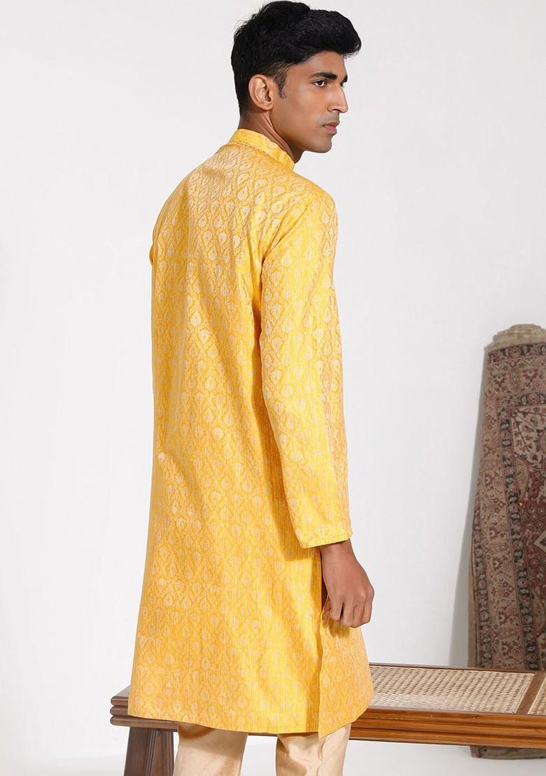 Yellow Solid Cotton Kurta For Men